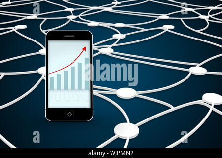 Arrows and barchart on smartphone screen against shiny lines on black background Stock Photo