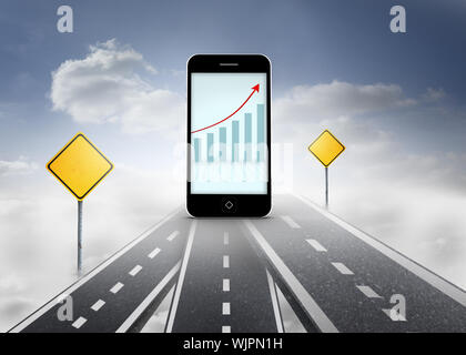 Arrows and barchart on smartphone screen against road over clouds with road signs on it Stock Photo