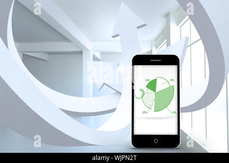 Pie chart on smartphone screen against white arrows in white room Stock Photo