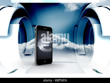 Euro sign on smartphone screen against cloud in a futuristic structure Stock Photo