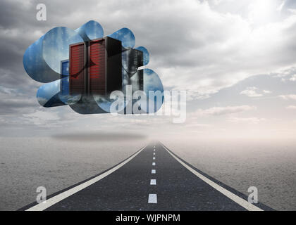 Server towers on abstract screen against street under cloudy sky Stock Photo