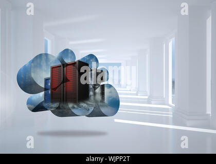 Server towers on abstract screen against bright white hall with columns Stock Photo