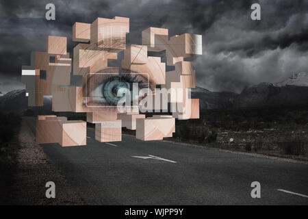 Eye analysis on abstract screen against landscape with stormy sky Stock Photo