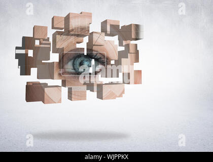 Composite image of eye analysis on abstract screen against white wall Stock Photo