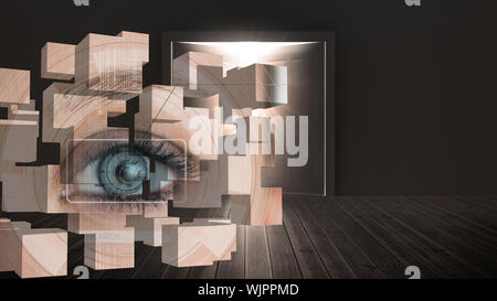 Eye analysis on abstract screen against dark room with opening doors Stock Photo