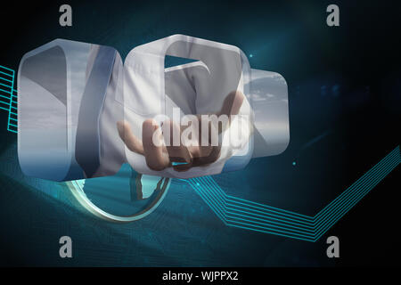 Businessmans hand on abstract screen against shiny globe on black background Stock Photo