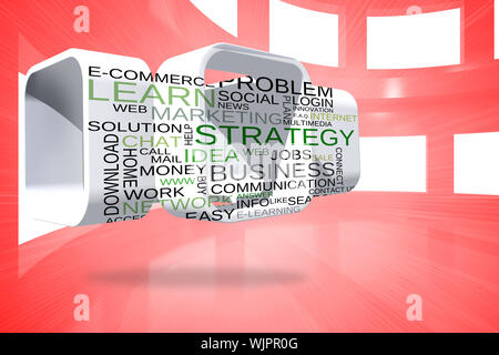 Business buzzwords on abstract screen against bright red room with windows Stock Photo