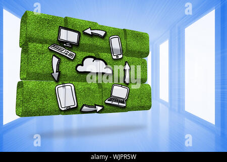 Cloud computing cycle on abstract screen against bright blue hall with windows Stock Photo