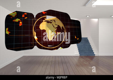 Earth on grid on abstract screen against digitally generated room with stairs Stock Photo