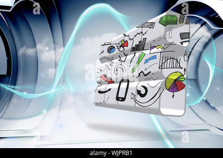 Media device brainstorm on abstract screen against blue wave design Stock Photo