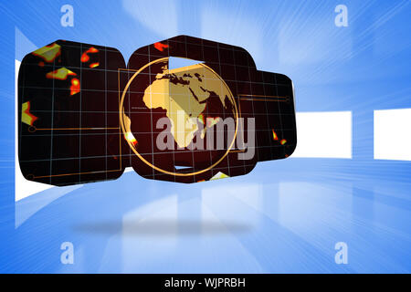 Earth on grid on abstract screen against bright blue room with windows Stock Photo