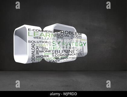 Composite image of business buzzwords on abstract screen against black wall Stock Photo