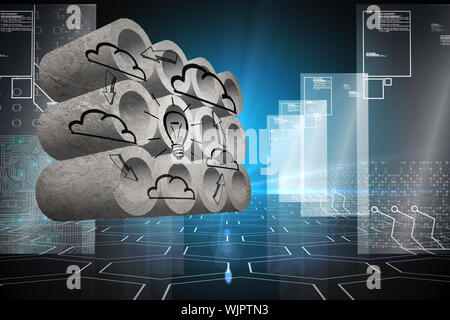 Cloud computing cycle on abstract screen against hologram on black background with hexagon pattern Stock Photo