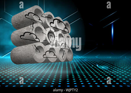 Cloud computing cycle on abstract screen against technological black and blue background Stock Photo