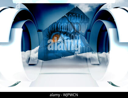 Eye and binary code on abstract screen against cloud in a futuristic structure Stock Photo
