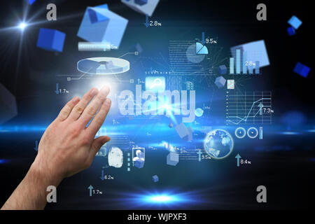 Hand presenting against boxes on technical background Stock Photo