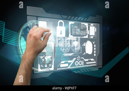 Hand presenting against shiny globe on black background Stock Photo