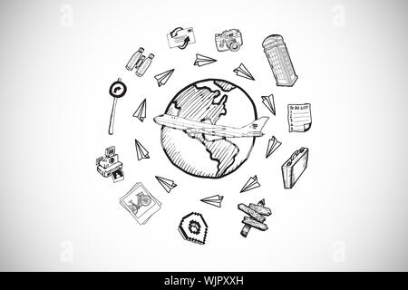 Global travel doodles against white background with vignette Stock Photo