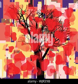 Abstract square fall composition with tree and hearts, geometric shapes, autumn leaves theme, events advertisement, seasonal sale flyer, natural print Stock Vector