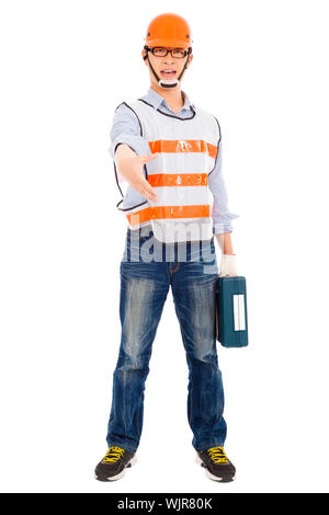 Male worker  holding  tool box and handshake pose Stock Photo