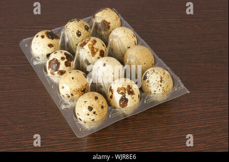 twelve organic quail eggs in a plastic container Stock Photo