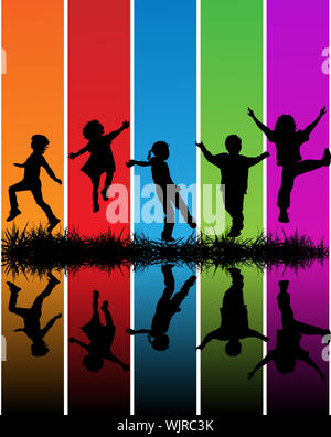 Hand drawn children silhouettes over a rainbow background Stock Photo