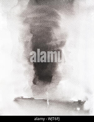 Black stains flow on white surface , Smoke burned up from the boat , Illustration abstract and bright background from watercolor hand draw on paper Stock Photo