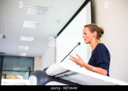 Pretty young business woman giving a presentation in a conference/meeting setting (shallow DOF; color toned image) Stock Photo