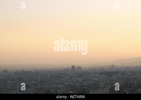 Wide shot of the city covered in fog at dusk with a single bird flying in the sky Stock Photo