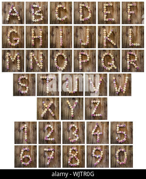 Alphabet letters and numbers made from wine corks in vintage style Stock Photo