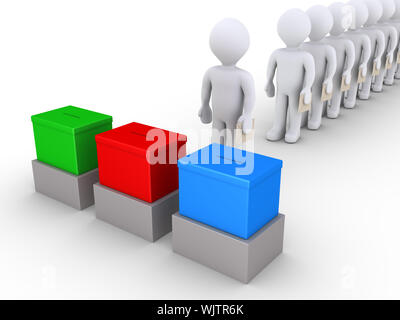 3d people in a row are standing before three ballot boxes Stock Photo