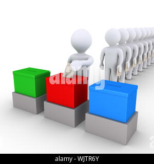 3d people in a row are choosing among three ballot boxes to vote Stock Photo