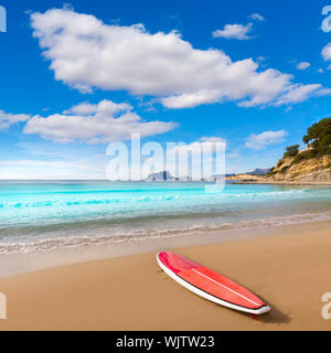 Moraira playa El Portet beach with paddle surfboard at Alicante Spain Stock Photo