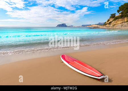 Moraira playa El Portet beach with paddle surfboard at Alicante Spain Stock Photo