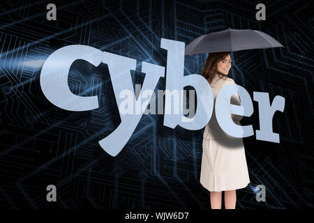 Businesswoman holding umbrella behind the word against circuit board Stock Photo