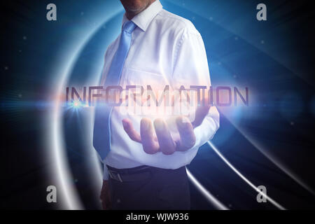 Businessman presenting the word information against black background with shiny lines Stock Photo