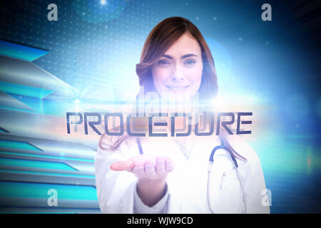 The word procedure and portrait of female nurse holding out open palm against arrows on technical background Stock Photo