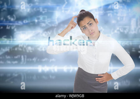 The word hacker and worried businesswoman against math equation background Stock Photo