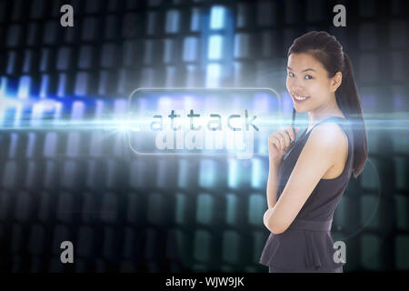 The word attack and thoughtful businesswoman against glowing codes on black background Stock Photo