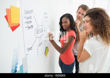 Designer writing a flowchart on whiteboard while colleagues watch in creative office Stock Photo