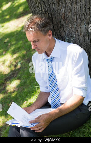 Mature businessman reviewing documents while leaning on tree trunk in park Stock Photo