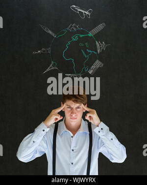 Business travel agent chalk airplane world globe with famous landmarks on blackboard background Stock Photo