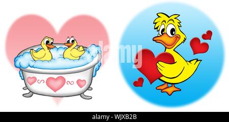 Ducks with hearts - color illustration. Stock Photo