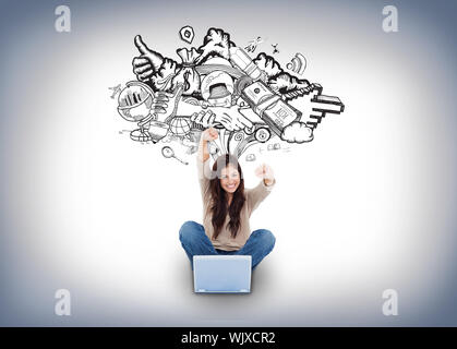 Digital composite of cheering girl using laptop with doodles Stock Photo