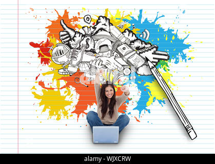 Digital composite of cheering girl using laptop with doodles Stock Photo