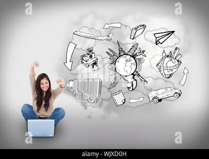 Digital composite of cheering girl using laptop with doodles Stock Photo