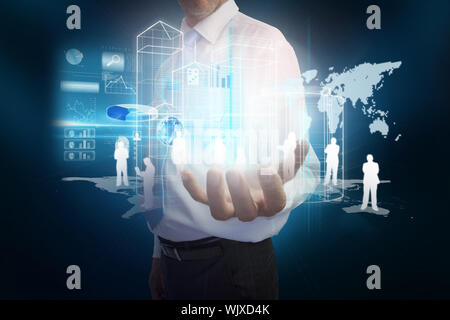 Digital composite of businessman presenting interface with map Stock Photo