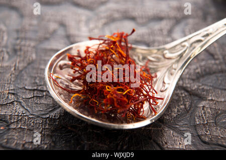 stigmas of saffron in spoon Stock Photo