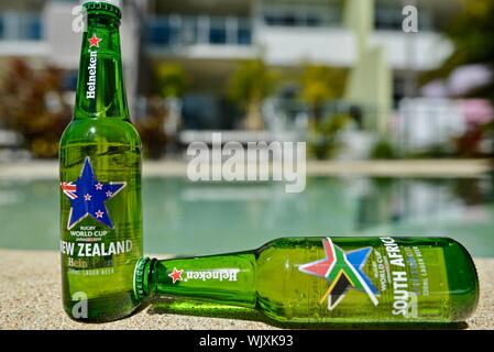 South Africa versus New Zealand, New Zealand wins, Heineken 2019 Japan Rugby world cup beer bottles Stock Photo