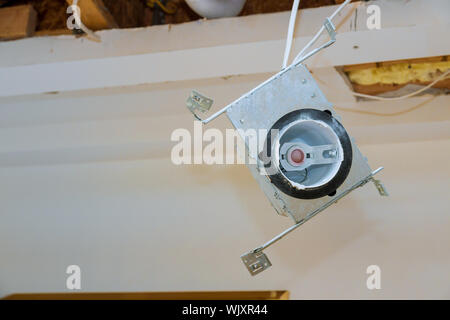 Installing a spotlight in the room is using an insulating to the electric wires. Stock Photo